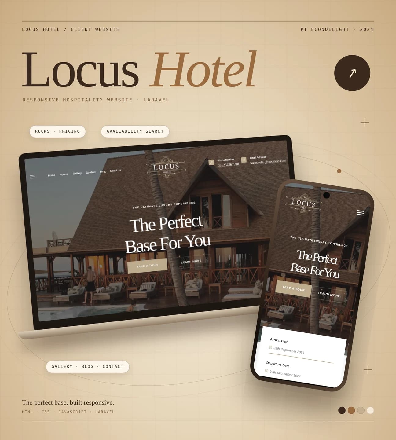 Locus Hotel website presentation showing desktop and mobile layouts on a cream and brown background.